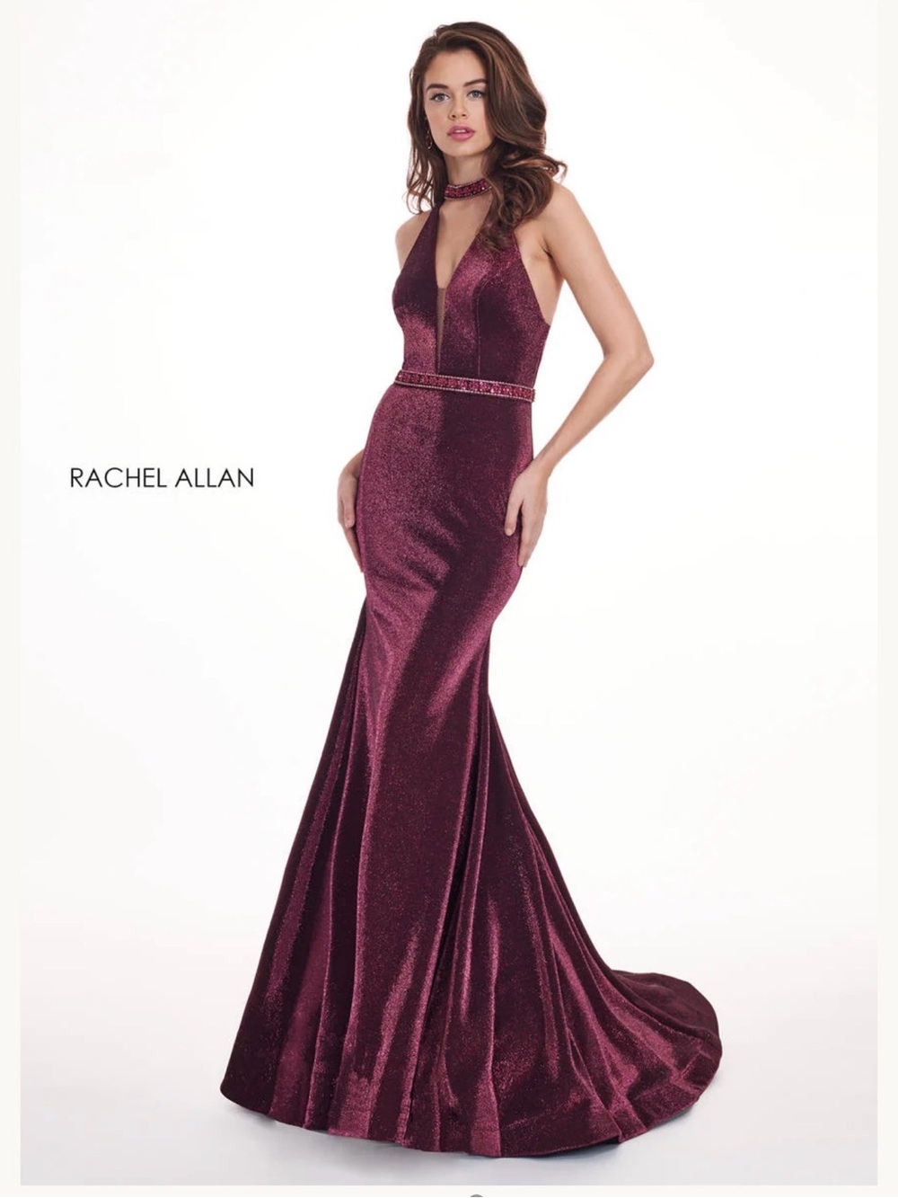 Rachel Allan Deep maroon Glitter Halter Mermaid Gown